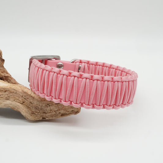 Pastell Rosa Biothane/Paracord-Hundehalsband mit Edelstahlbeschlägen auf einem Stück Treibholz. Hochwertiges und langlebiges Halsband für anspruchsvolle Hundebesitzer.
Jetzt hochwertiges Biothane-Hundehalsband online kaufen.