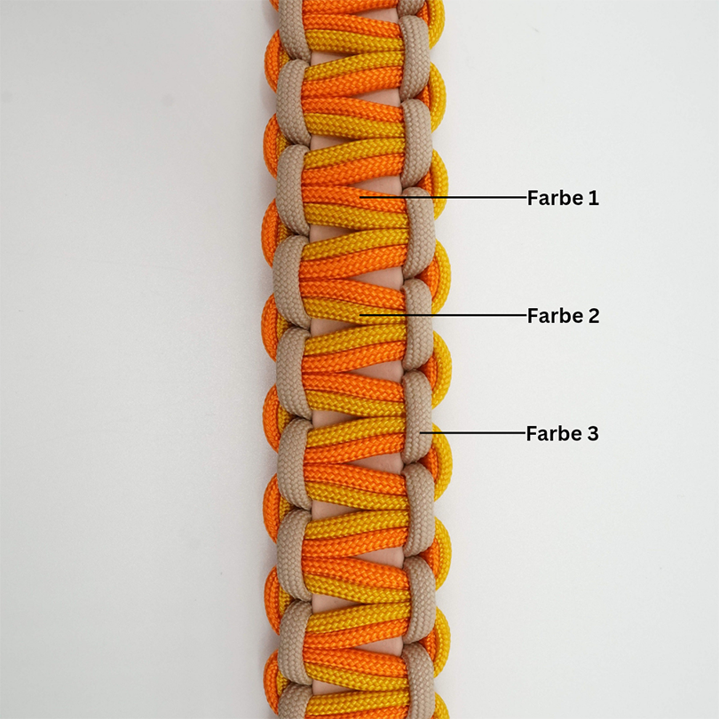 Ein geflochtenes Hundehalsband mit drei verschiedenen Farbsträngen: Farbe 1 (orange), Farbe 2 (gelb) und Farbe 3 (beige).