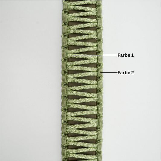 Ein geflochtenes Hundehalsband mit zwei verschiedenen Farbsträngen: Farbe 1 (hellgrün) und Farbe 2 (dunkelgrün).