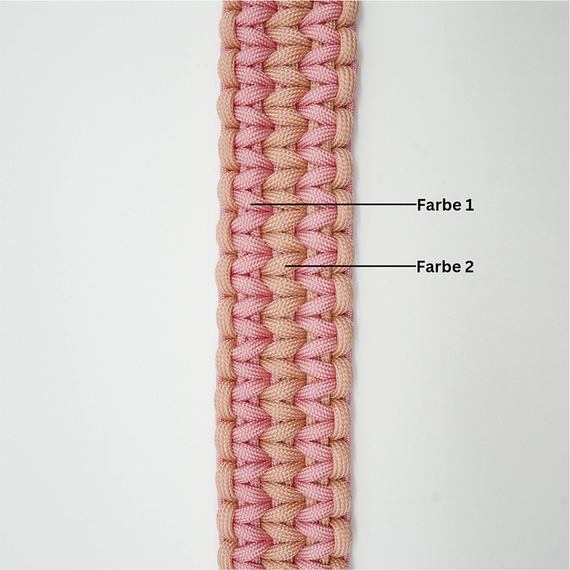 Nahaufnahme eines zweifarbigen Paracord-Halsbands in Rosa mit Beschriftung „Farbe 1“ und „Farbe 2“ zur Auswahlhilfe Halsbänder.