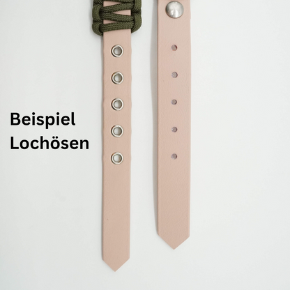 Beispielbild für ein Biothane Paracord Halsband mit und ohne Lochösen.