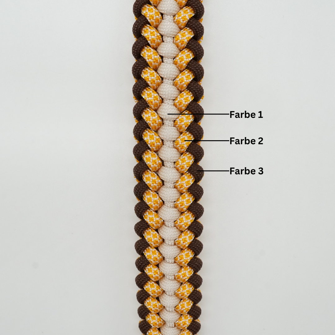 Nahaufnahme eines geflochtenen Paracord-Musters mit drei markierten Farbbereichen zur Auswahl von Farbe 1, Farbe 2 und Farbe 3.