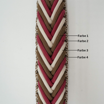 Ein geflochtenes Hundehalsband mit vier verschiedenen Farbsträngen: Farbe 1 (weiß), Farbe 2 (beige), Farbe 3 (rot) und Farbe 4 (dunkelbraun).