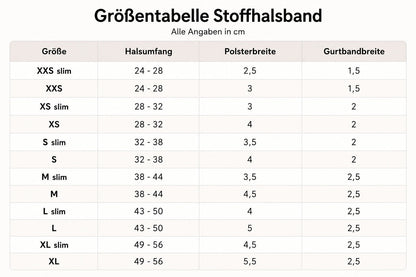 Größentabelle für unsere genähten Stoffhalsbänder