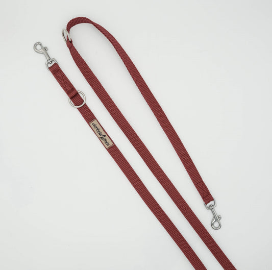 Handgefertigte verstellbare Hundeleine aus braunem Gurtband mit silbernen Edelstahl Karabinern und Ringen.