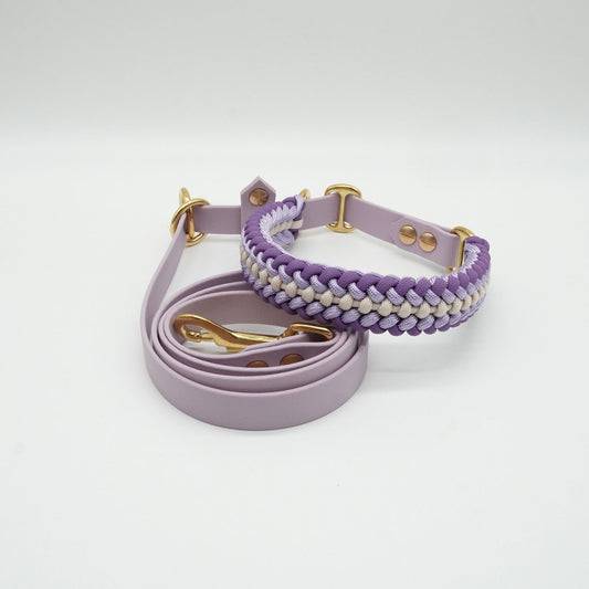 Handgefertigtes Hunde-Set aus fliederfarbener Biothane mit passendem Paracord-Halsband in Flieder, Lila und Beige sowie goldfarbenen Messingbeschlägen.