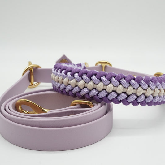 Paracord-Biothane-Set für Hunde in Flieder und Lila mit goldfarbenen Messingbeschlägen.